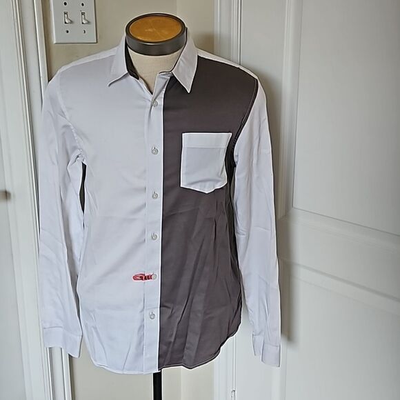 Guess Men's Two-Tone Slim Fit Button Down Long Sleeves Shirt Medium White/ Gray - Picture 2 of 16